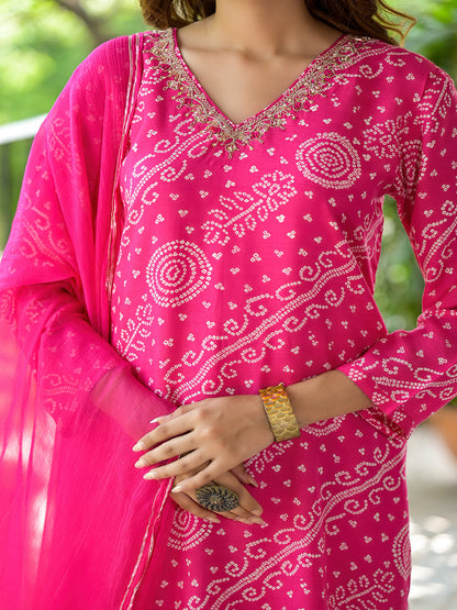 Pink Bandhni Printed Zari Work Muslin Kurta Set