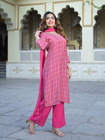 Pink Floral Printed Muslin Straight Kurta Pant with Dupatta