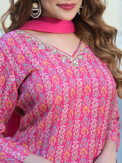Pink Floral Printed Muslin Straight Kurta Pant with Dupatta