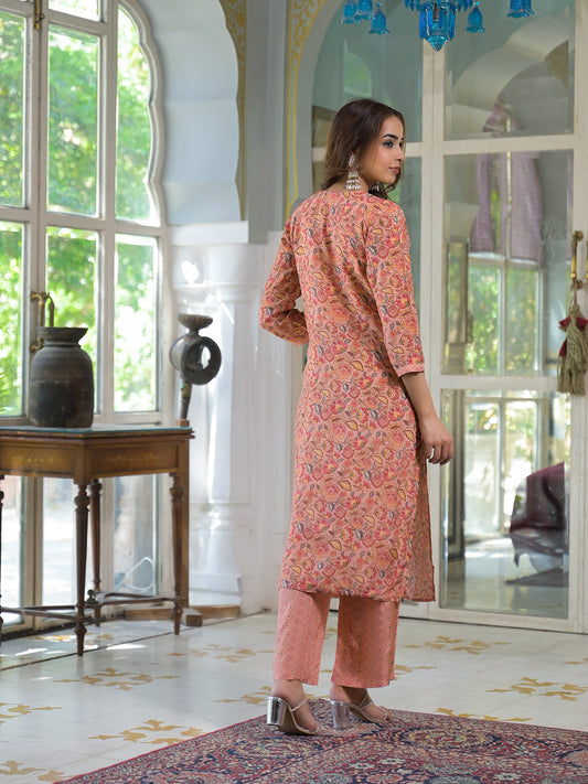 Peach Floral Print Muslin Embroidred Kurta Trouser with Dupatta