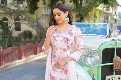 Light Pink Floral Printed Muslin Straight Kurta Pant with Dupatta