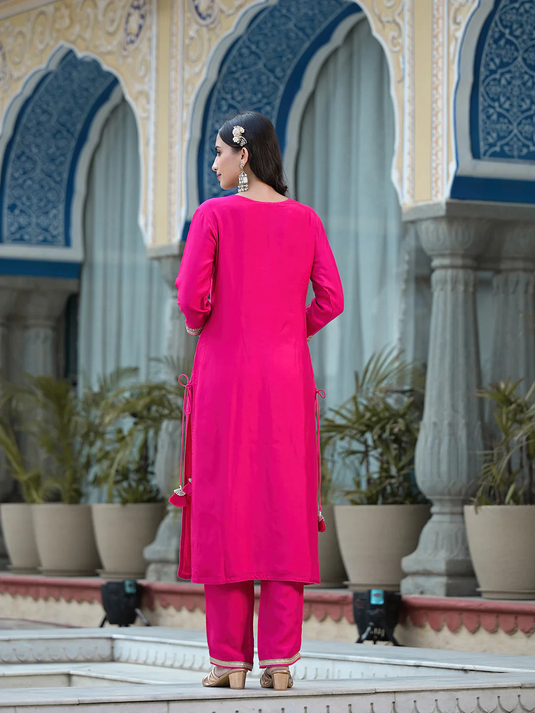 Rani Pink Cotton Jardozi Mix Hand Work Ethnic Kurta Set