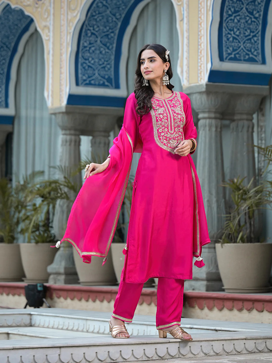 Rani Pink Cotton Jardozi Mix Hand Work Ethnic Kurta Set