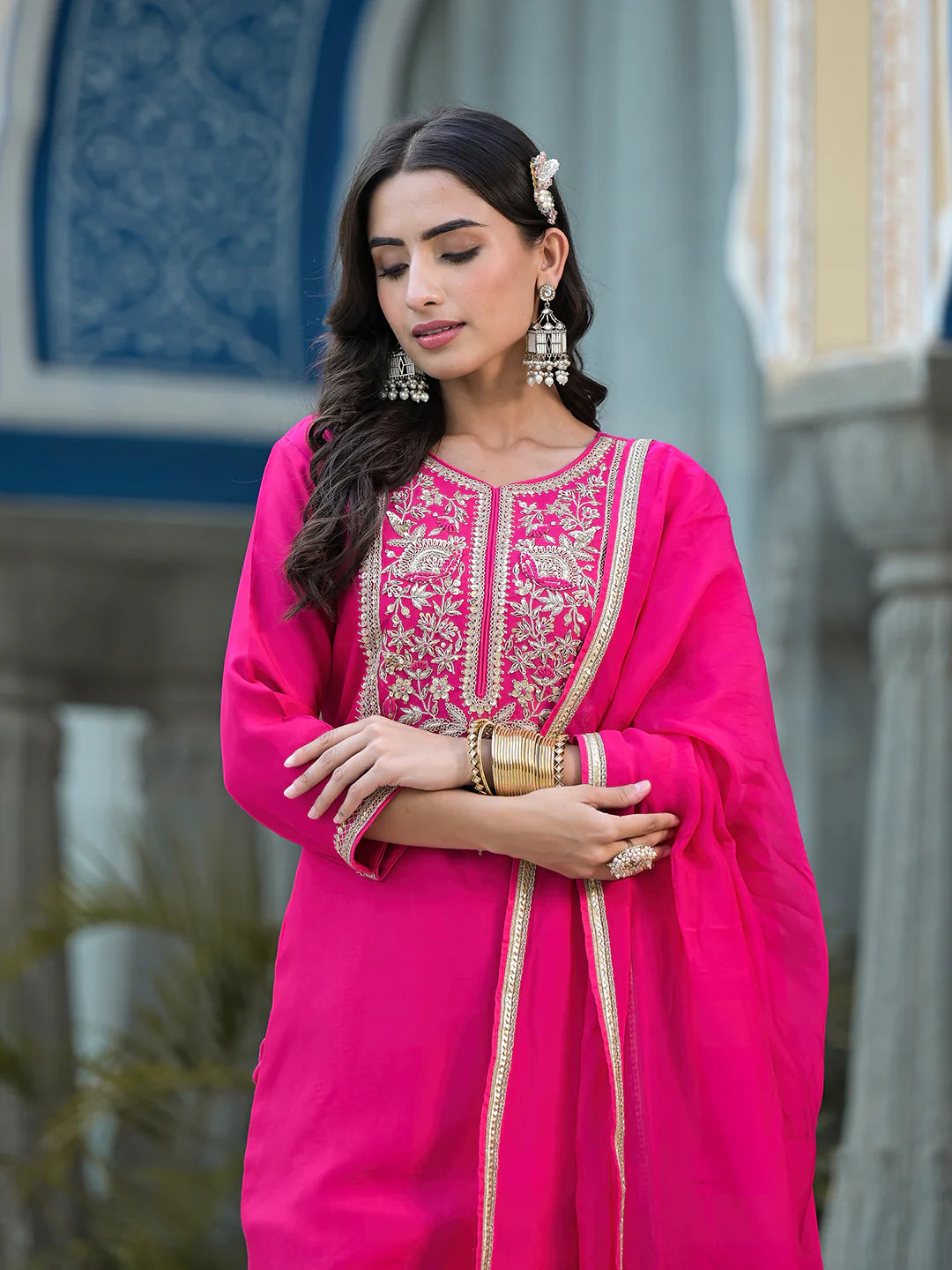 Rani Pink Cotton Jardozi Mix Hand Work Ethnic Kurta Set