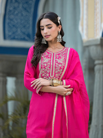 Rani Pink Cotton Jardozi Mix Hand Work Ethnic Kurta Set