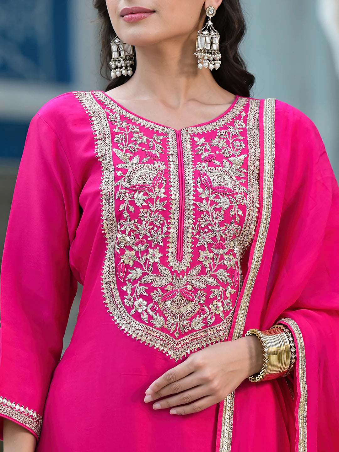 Rani Pink Cotton Jardozi Mix Hand Work Ethnic Kurta Set