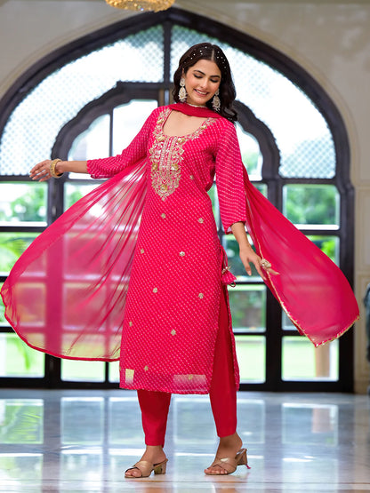 Georgette Pink With Shiffon Dupatta Leheriya Printed Ethnic Kurta Sets