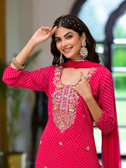 Georgette Pink With Shiffon Dupatta Leheriya Printed Ethnic Kurta Sets