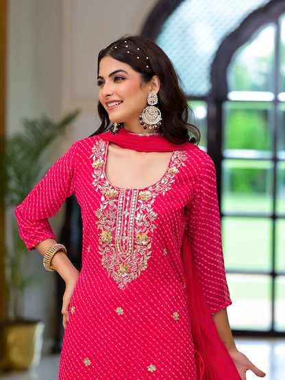 Georgette Pink With Shiffon Dupatta Leheriya Printed Ethnic Kurta Sets