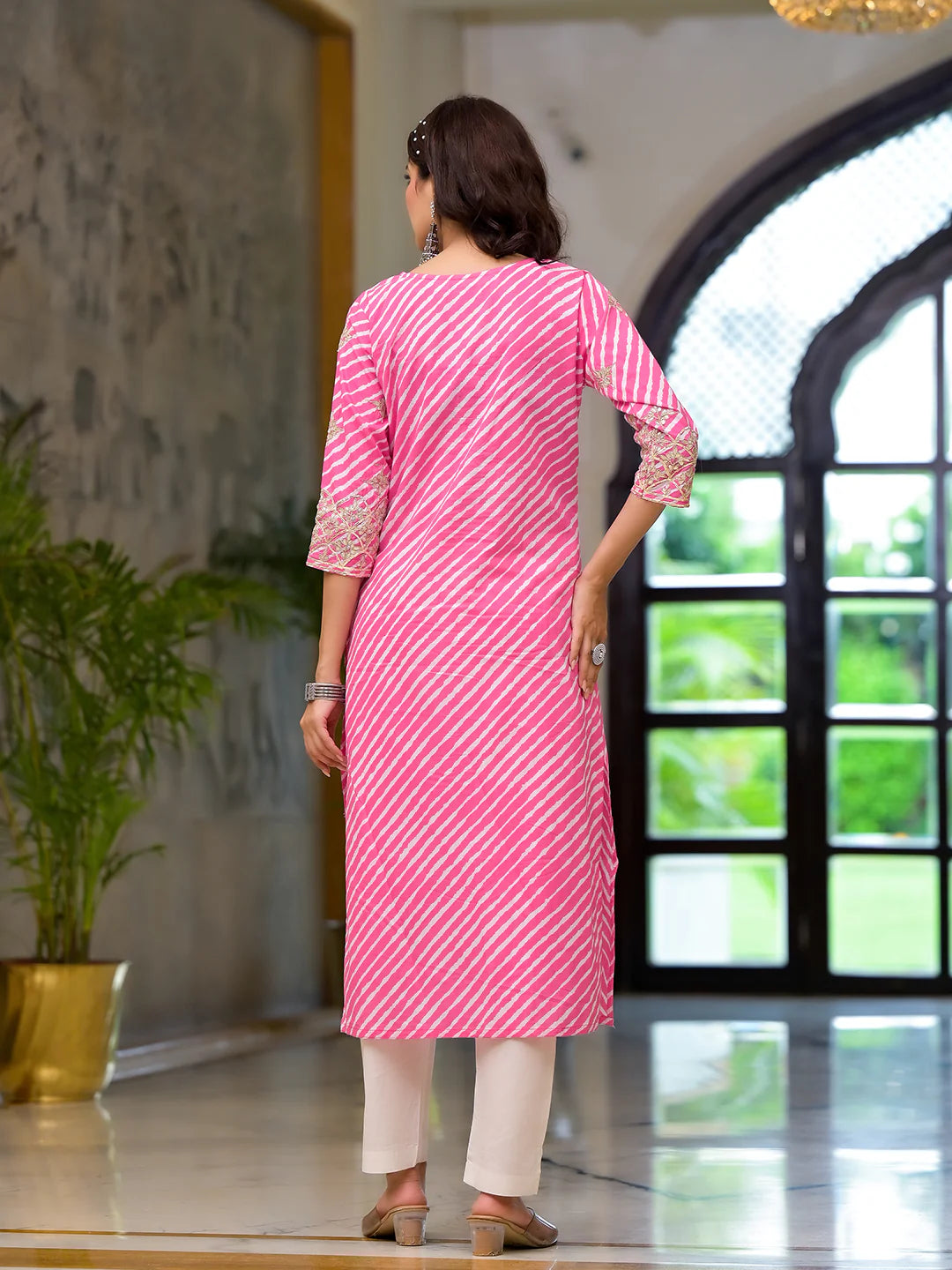 Elevate Pink Cotton Leheriya Printed Knee Length Ethnic Kurta