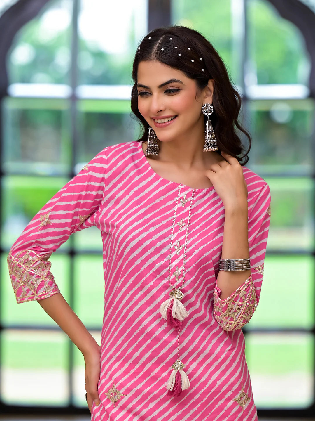 Elevate Pink Cotton Leheriya Printed Knee Length Ethnic Kurta