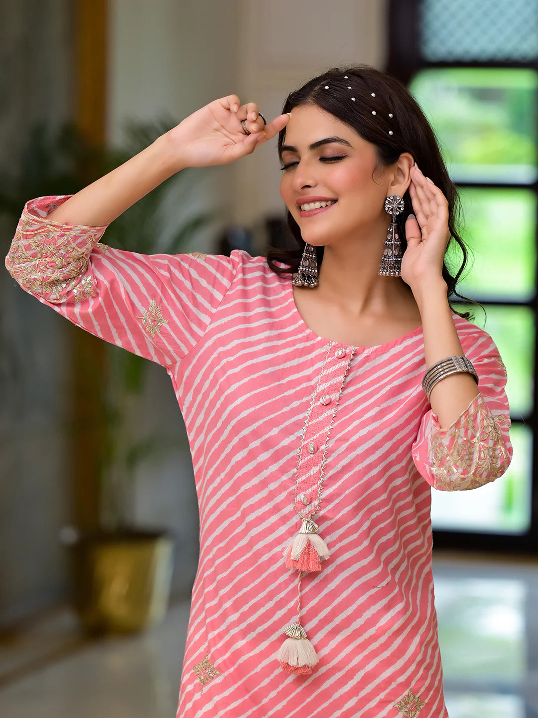 Peach Pure Cotton Leheriya Print Embroidered Staright Kurta