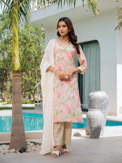 Ethnic Cream Muslin Embroidered Floral Print Kurta Sets