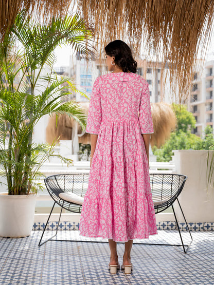 Pink Floral Cotton Calf Length Ethnic Casual Dress