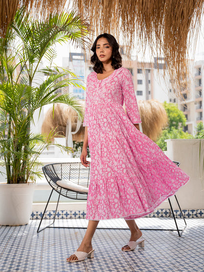 Pink Floral Cotton Calf Length Ethnic Casual Dress