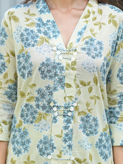 Green Floral Print Pure Cotton Straight Kurta with Trouser