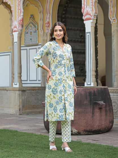 Green Floral Print Pure Cotton Straight Kurta with Trouser