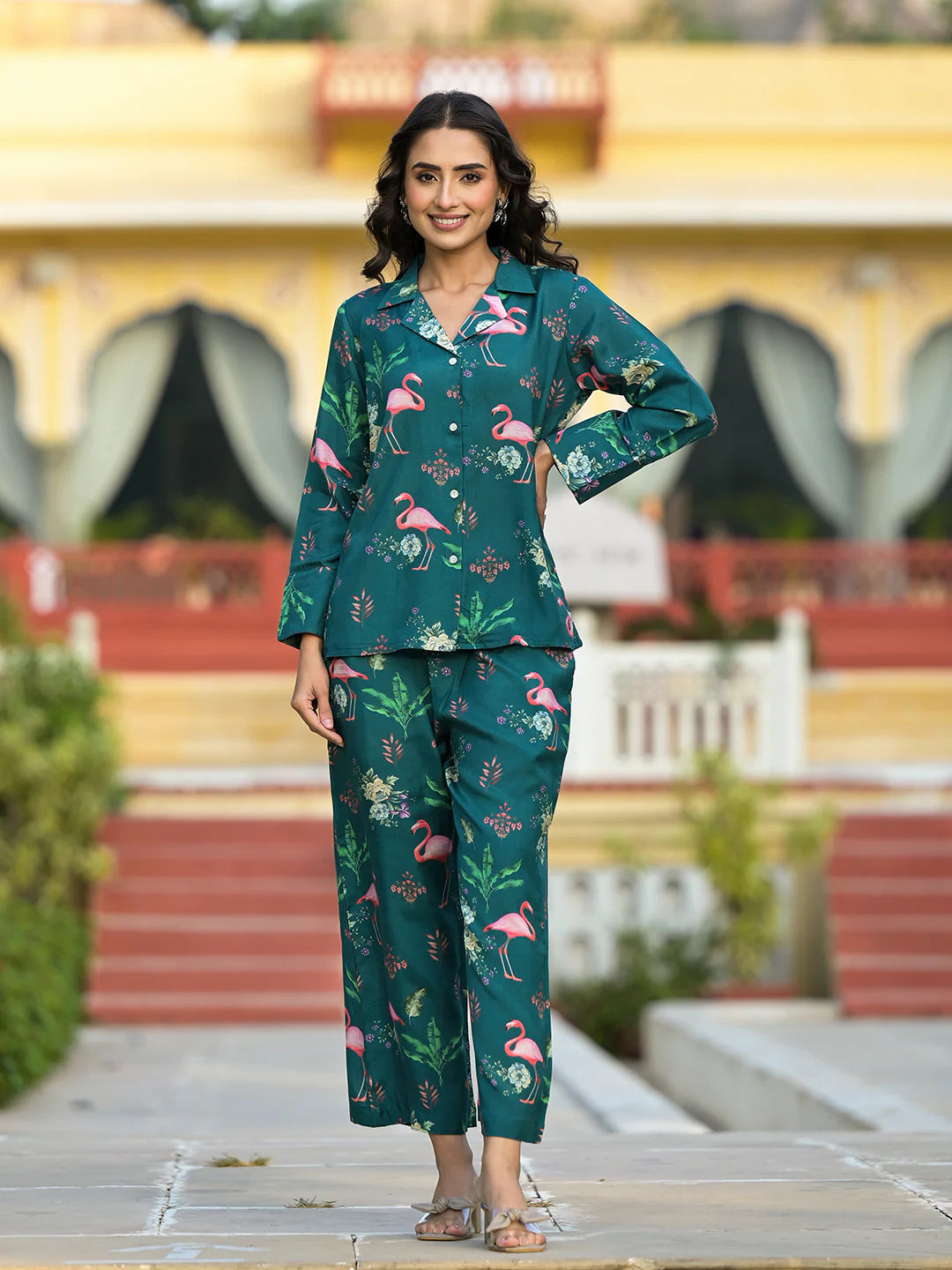 Green Floral Printed Muslin Casual Co-ord Set
