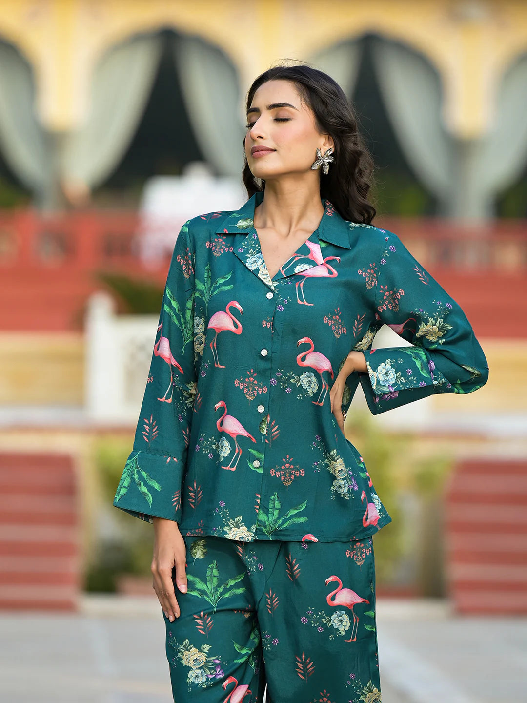 Green Floral Printed Muslin Casual Co-ord Set