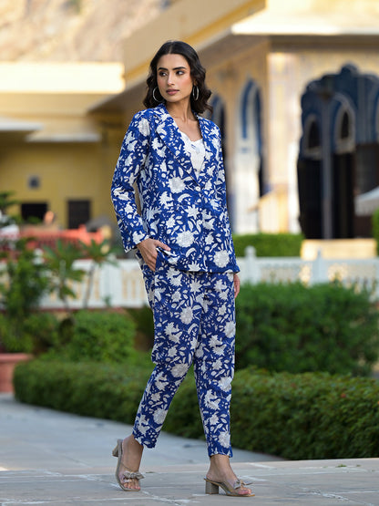 Blue & White Floral handblock Printed Co-ord Set