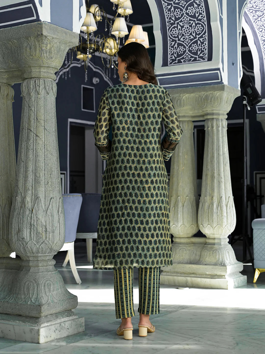 Green Ethnic Print Chanderi Silk Straight Kurta Set