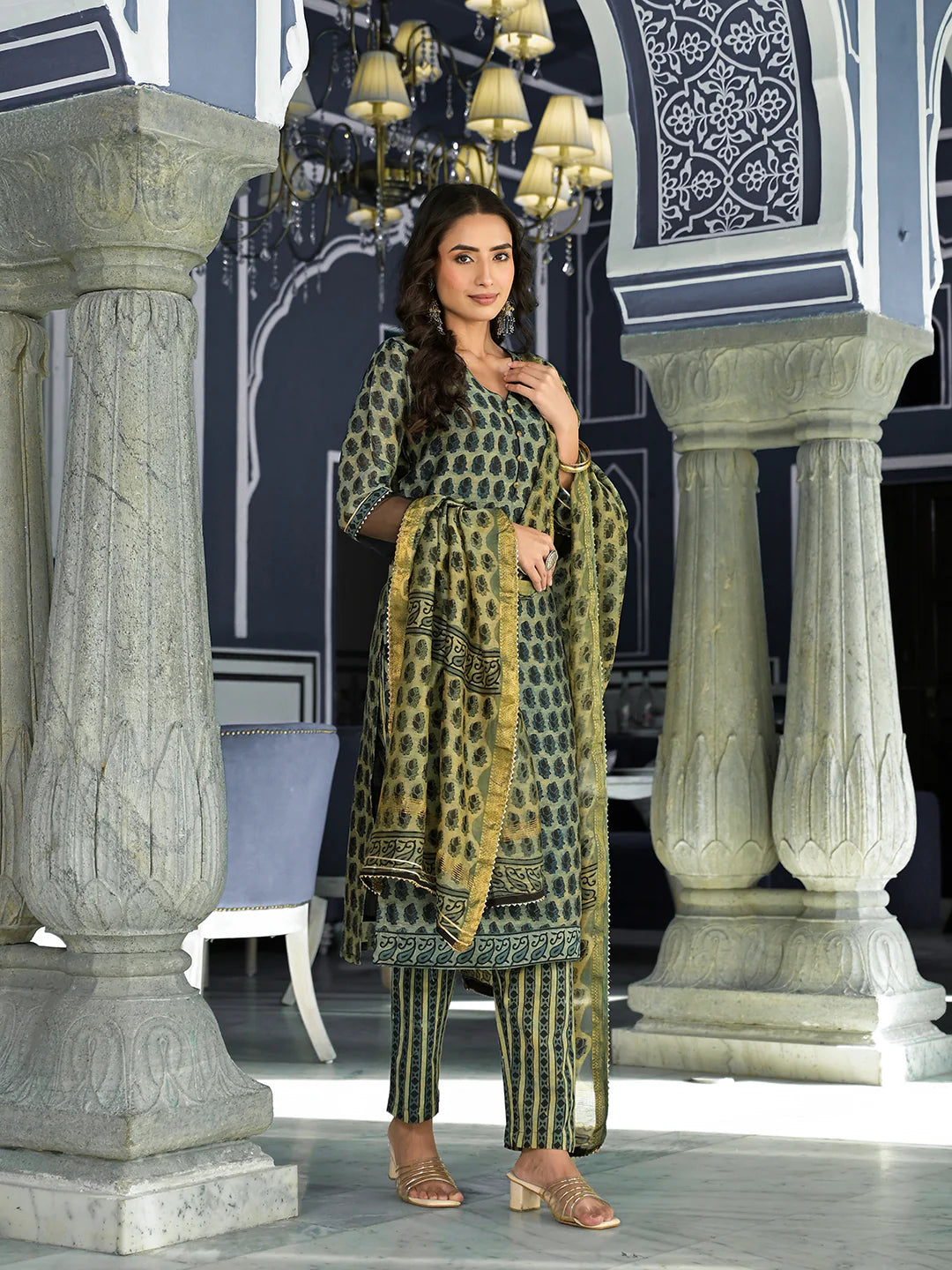 Green Ethnic Print Chanderi Silk Straight Kurta Set