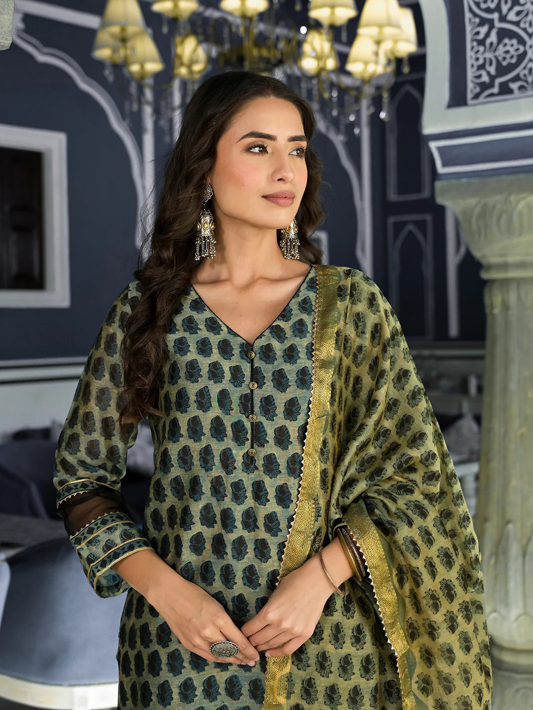 Green Ethnic Print Chanderi Silk Straight Kurta Set