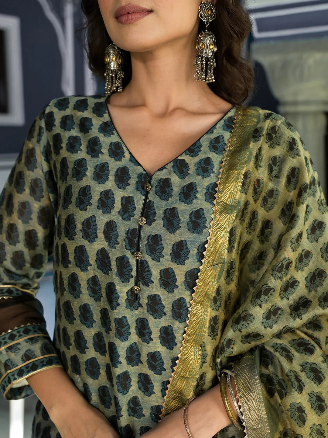 Green Ethnic Print Chanderi Silk Straight Kurta Set