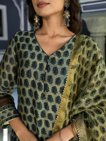 Green Ethnic Print Chanderi Silk Straight Kurta Set