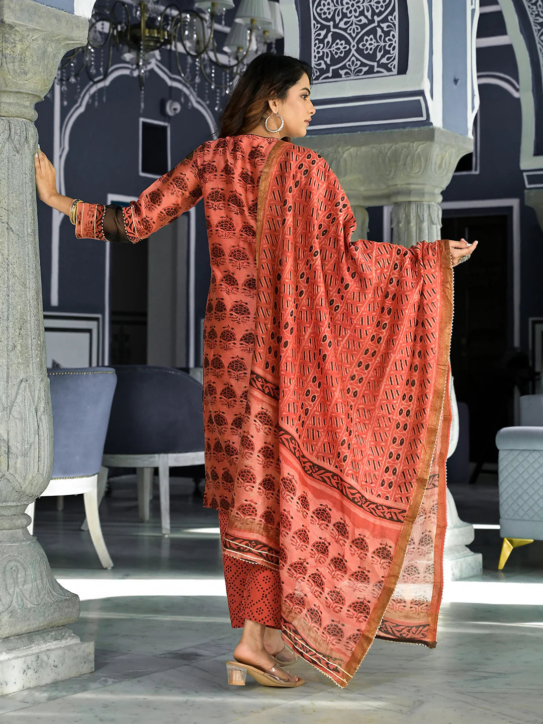 Maroon Chanderi Silk Ethnic Print Straight Kurta Set