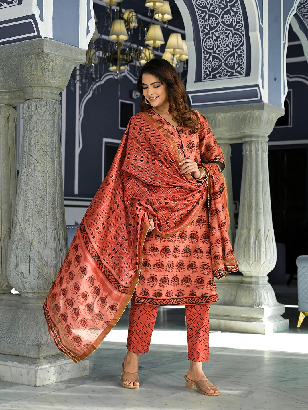 Maroon Chanderi Silk Ethnic Print Straight Kurta Set