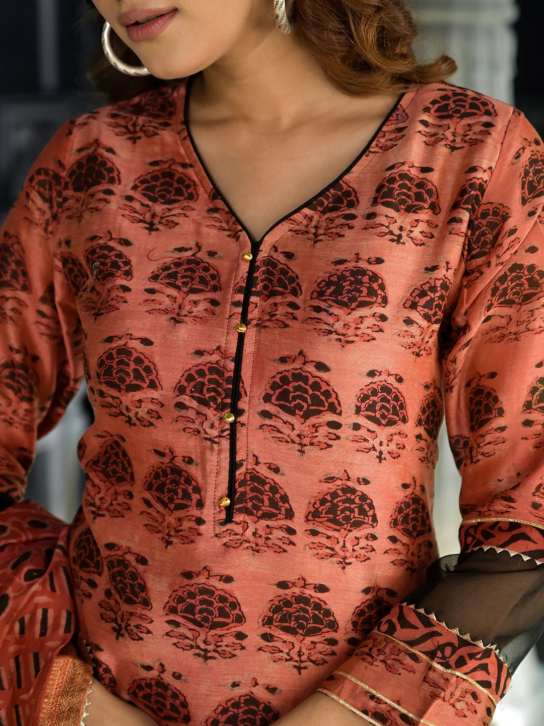 Maroon Chanderi Silk Ethnic Print Straight Kurta Set