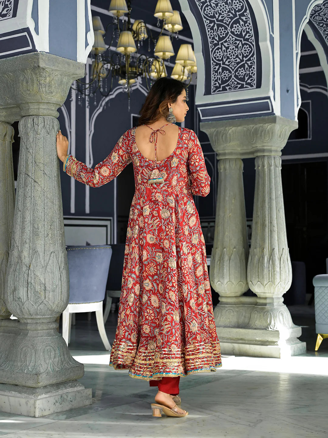 Red Floral Printed Muslin Anarkali Ethnic Kurta Set