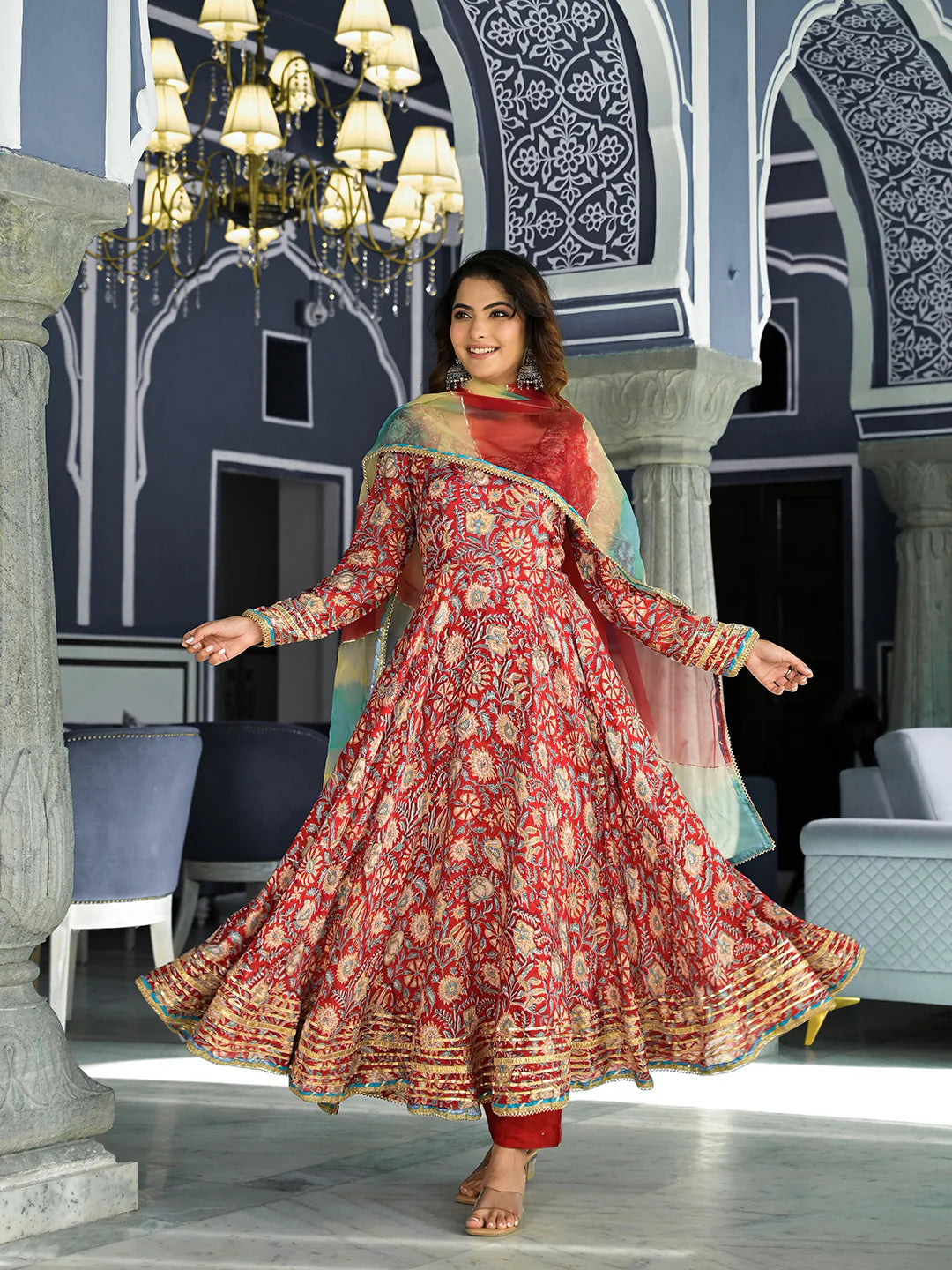 Red Floral Printed Muslin Anarkali Ethnic Kurta Set