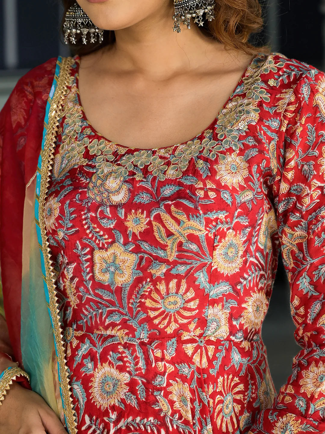 Red Floral Printed Muslin Anarkali Ethnic Kurta Set