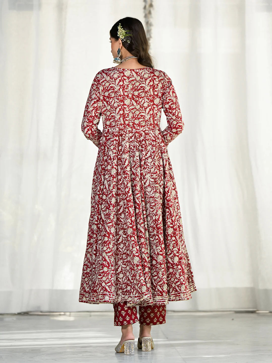 Maroon Cotton Ethnic Floral Print Anarkali Kurta Set