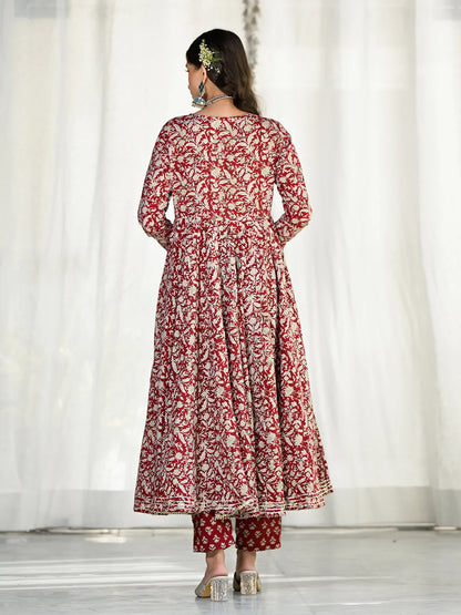 Maroon Cotton Ethnic Floral Print Anarkali Kurta Set