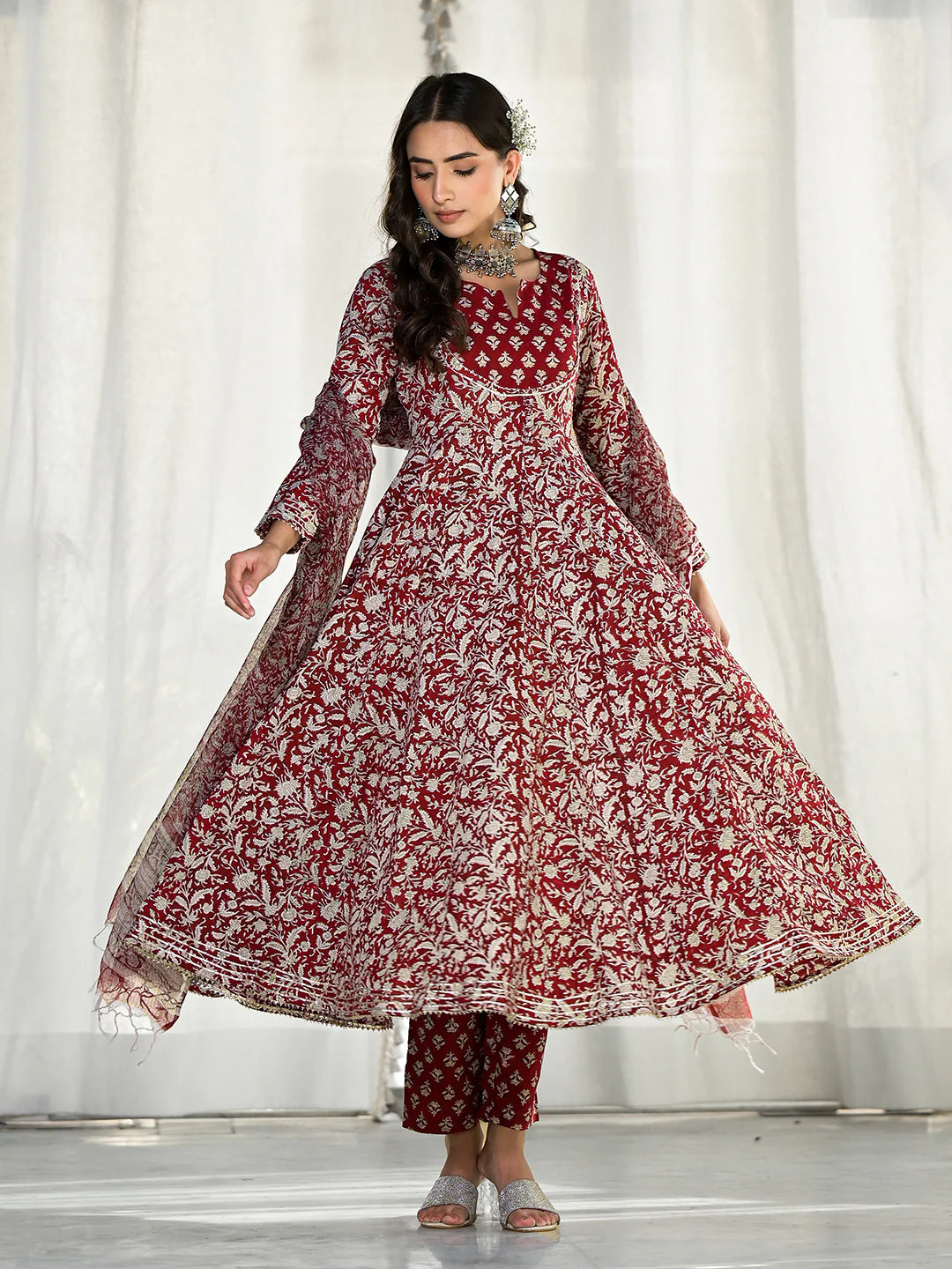 Maroon Cotton Ethnic Floral Print Anarkali Kurta Set