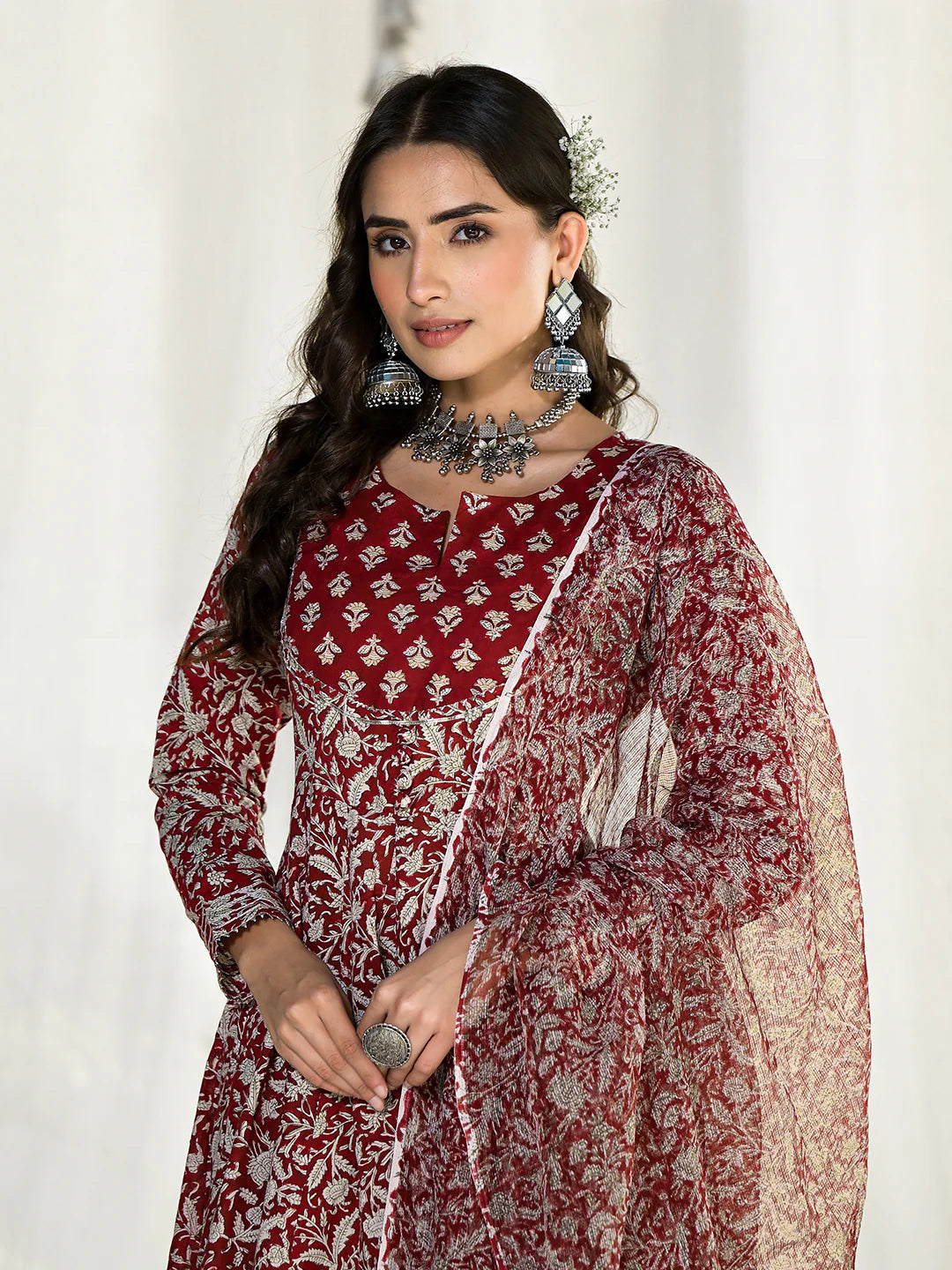 Maroon Cotton Ethnic Floral Print Anarkali Kurta Set