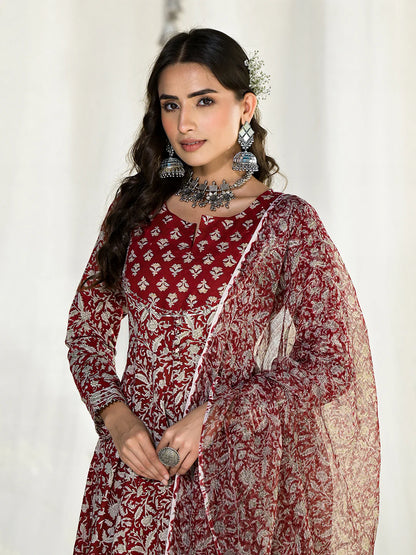 Maroon Cotton Ethnic Floral Print Anarkali Kurta Set