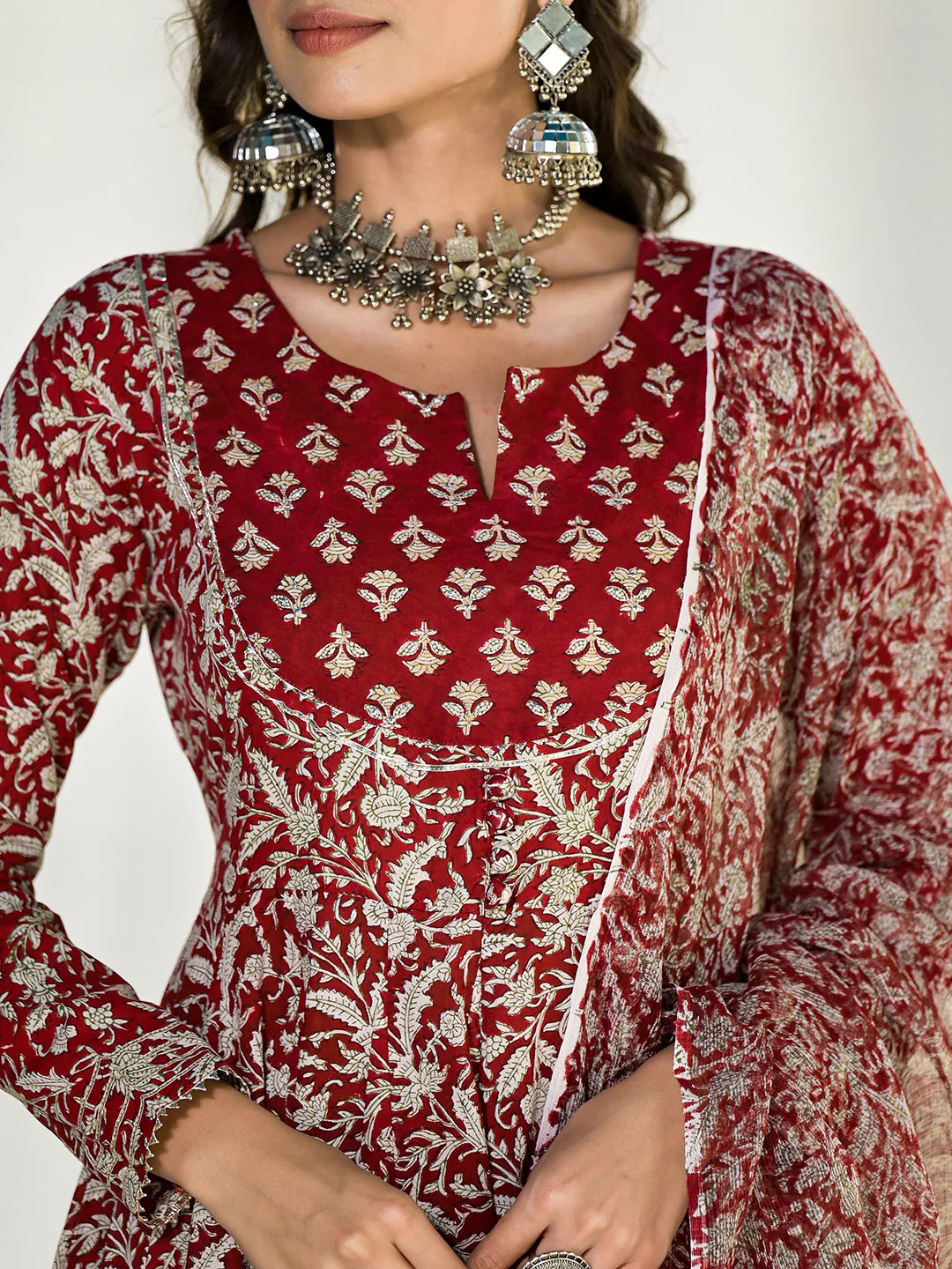 Maroon Cotton Ethnic Floral Print Anarkali Kurta Set
