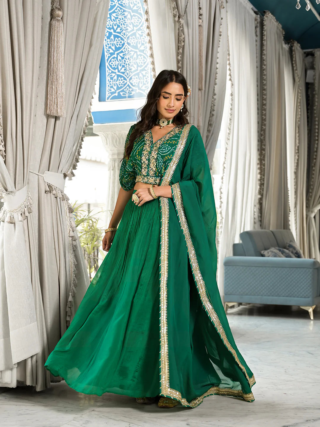 Green Chinon Bandhani Print Crop Top Ethnic Lehenga Choli