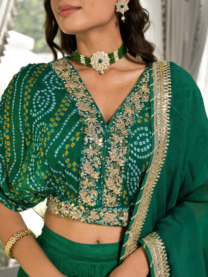 Green Chinon Bandhani Print Crop Top Ethnic Lehenga Choli