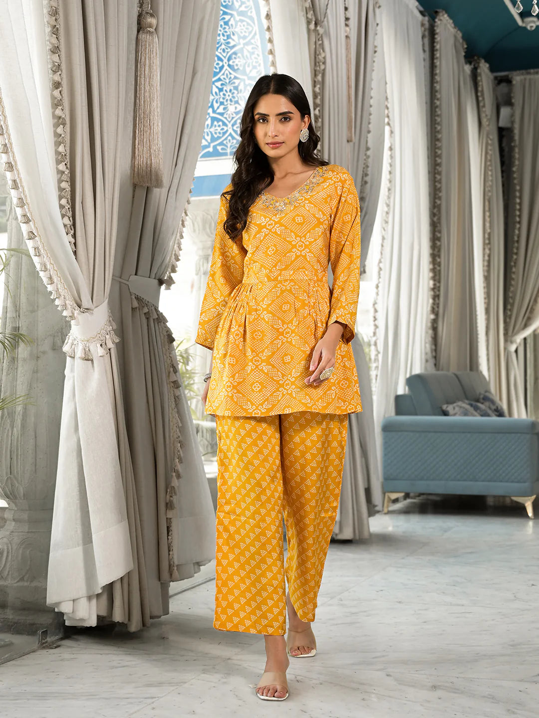 Mustard Yellow Gota Work Digital Print Co-ord Set