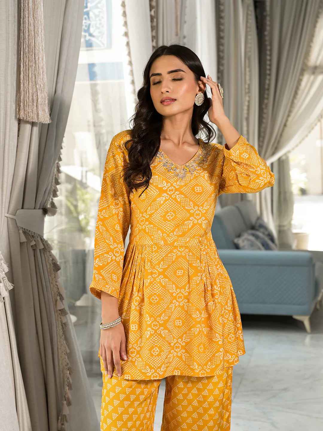 Mustard Yellow Gota Work Digital Print Co-ord Set