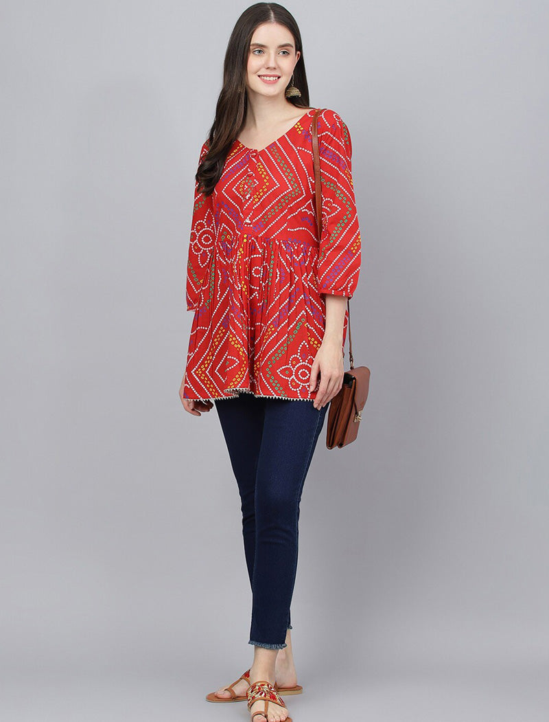 Red Women Round Neck Hook And Eye Closure Print Cotton Top