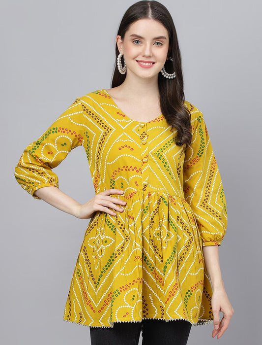 Yellow Women Ethnic Motifs Printed Longline Three-quarter, Puff SleeveTop