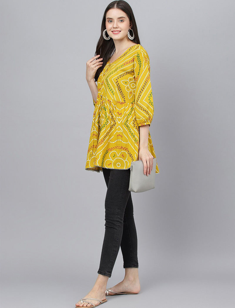 Yellow Women Ethnic Motifs Printed Longline Three-quarter, Puff SleeveTop