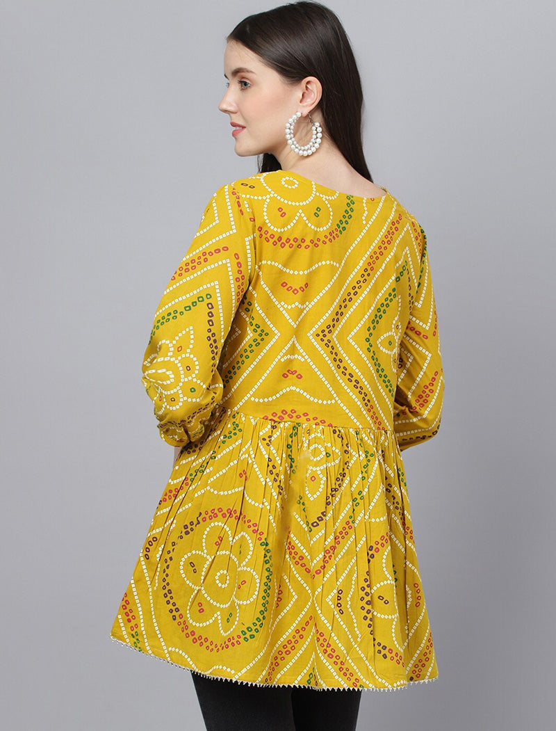 Yellow Women Ethnic Motifs Printed Longline Three-quarter, Puff SleeveTop