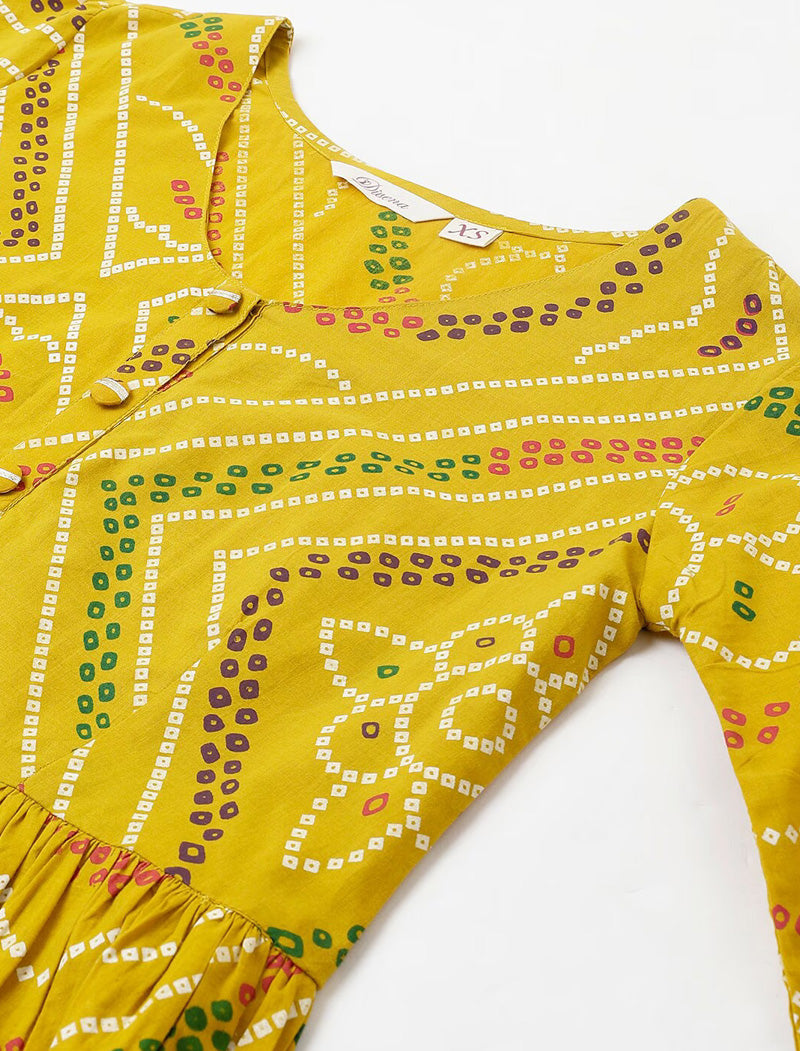 Yellow Women Ethnic Motifs Printed Longline Three-quarter, Puff SleeveTop